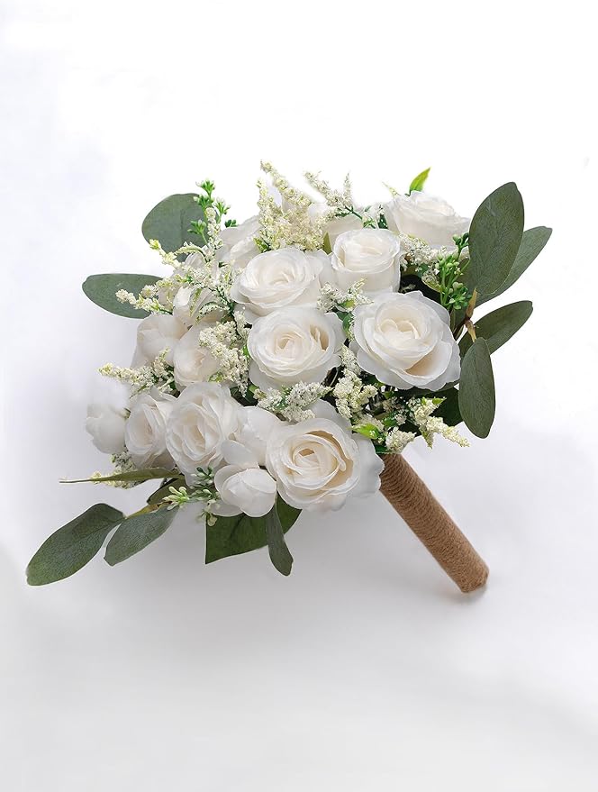 Meldel Ivory Bridesmaid Bouquet Set of 6, White Wedding Bouquets for Bridesmaids, 8.5 Inch Wedding Floral Arrangements Flowers Table Centerpieces Decor Artificial Flower Bouquet for Prom Party