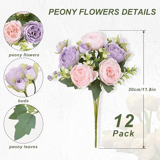 MARTINE MALL 12 Packs Peonies Artificial Flowers, Pinkish-Purple Artificial Peonies, Silk Peonies Flowers Fake peonies Artificial Flowers Peonies Bouquet for Centerpiece Table Wedding Party Home Decor