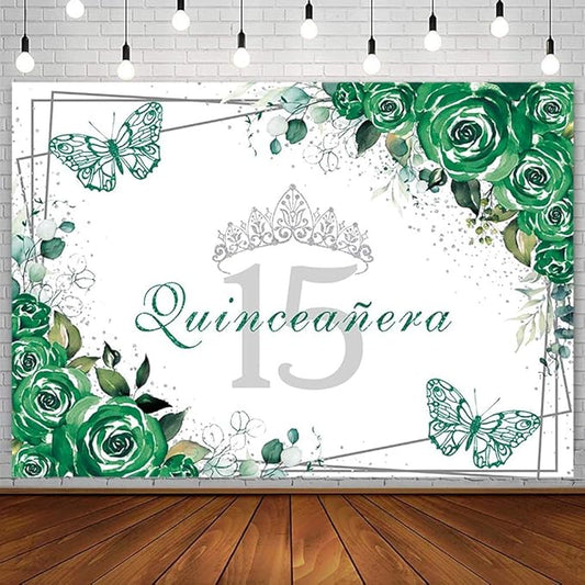 Sendy 7x5ft Quinceañera Backdrop Mis Quince 15 Anos Birthday Party Decorations Supplies for Girl Princess Green Floral Butterfly Silver Crown Photography Background Banner Photo Booth Studio Props
