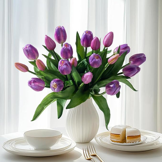 20PCS Fake Tulips Artificial Tulip Silk Flowers Fake PU Bouquet Artificial Flowers Faux Flowers with Gift Box Soft Faux Tulips Bouquets Arrangements for Party Wedding Home