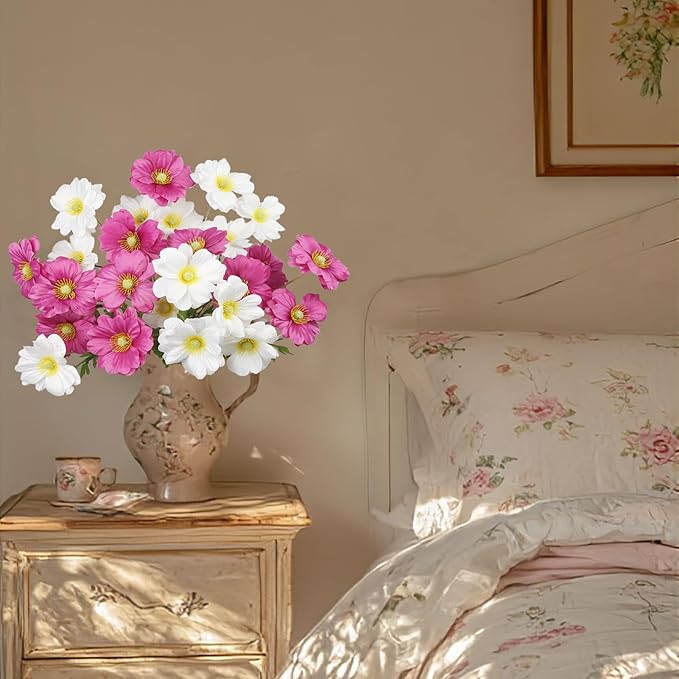 6 Pcs Artificial Flowers with Stems Faux Daisy Flowers Bouquet Rose Red Gardenia Silk Flowers for Home Decor Indoor Vase Outdoors Balcony Table Centerpiece Outside Floral Arrangements Wedding