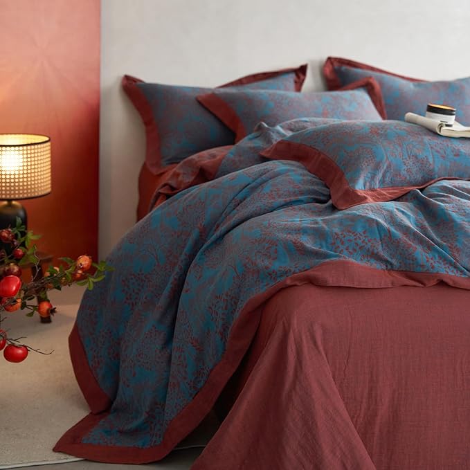 Jacquard Duvet Cover King Yarn-Dyed Cotton Blue Floral Duvet Cover Reversible Burgundy Red Tree Leaves Bedding Comforter Cover Vintage Country Bedding Cottagecore Botanical Duvet Cover Set King Size