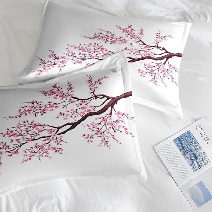 Comforter Set Queen Size, Japanese Cherry Blossom 7 Pcs Bedding for Kids and Adults, Flower Painting Pink Bed Sheet Sets with Fitted Sheet 2 Pillowcase & 2 Sham for Bedroom Bed Decor