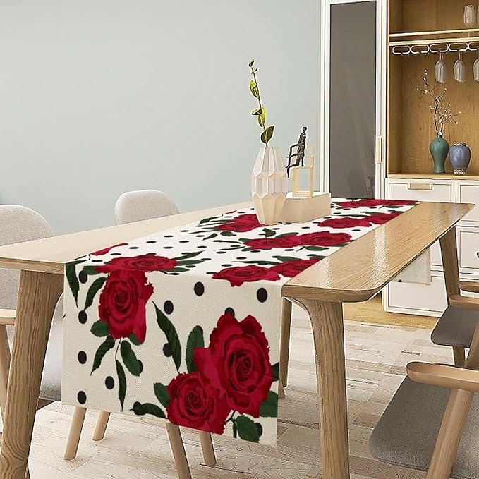 Red Rose Print Table Runner, Romantic Valentines Vintage Rose Spring Summer Dinner Runner Table Decoration for Home Kitchen Dining Holiday Wedding Party 13x36in