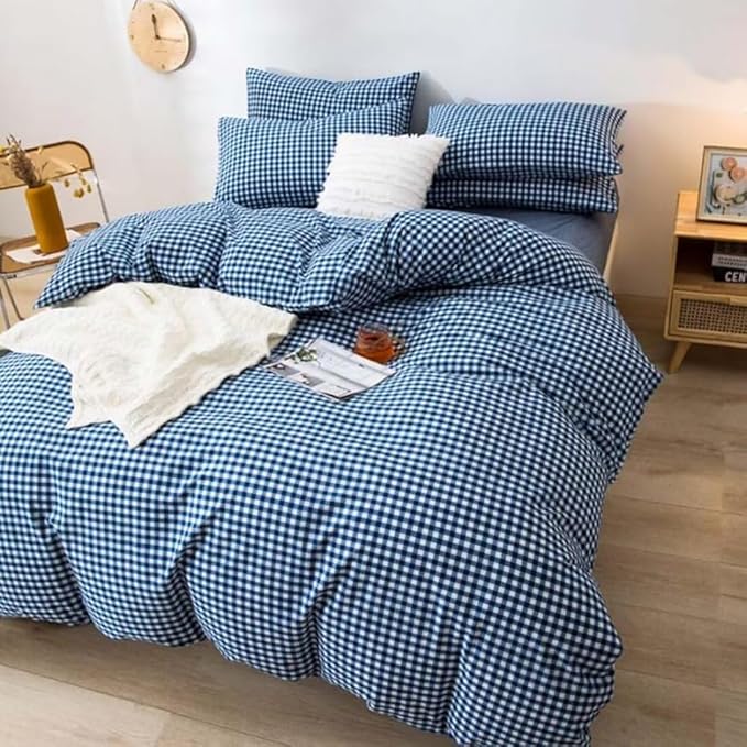 LifeTB Royal Blue Gingham Comforter Set Twin XL Modern Style Blue Grid Bed Comforter Luxury Soft Gingham Bedding Set 3 Pieces Soft Fluffy Plaid Checkered Comforter Set with 2 Pillowcases Breathable