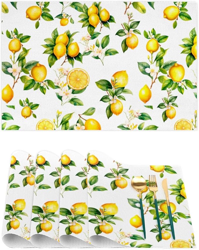 Lemon Tropical Summer Placemats Set of 6 PVC Vinyl Non Slip Table Mats Waterproof Heat Resistant Place Mats Washable Wipeable Dining Table Mat for Kitchen Party Indoor Outdoor Decorative