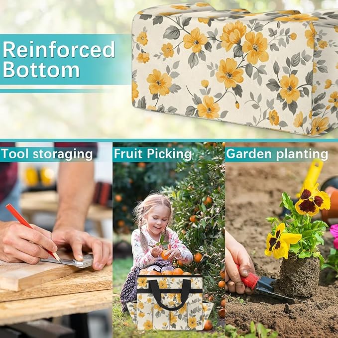 Garden Tool Bag Organizer Garden Tote Bag with Pockets Patterned Floral Print Tool Storage Organizer Gardening Tool Kit Holder 13" x 6.8" x 2.8"
