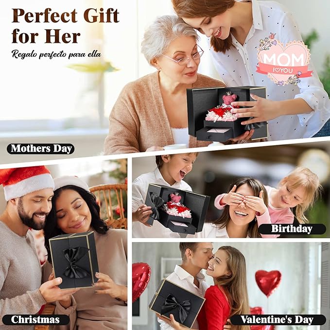 Cute Preserved Real Roses Bear Gift Box for Girlfriend with Initial Necklace N, Unique Birthday Gift for Mom, Her, Grandma, Anniversary Presents for Wife Women