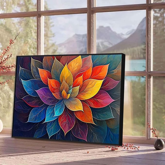 Colorful Flower Canvas Wall Art, Abstract Floral Canvas Prints, Lotus Blossom Pictures Wall Decor, Zen Painting, Yoga Studio Wall Decor (Gold Framed, 23"Wx17"H/60x45cm)