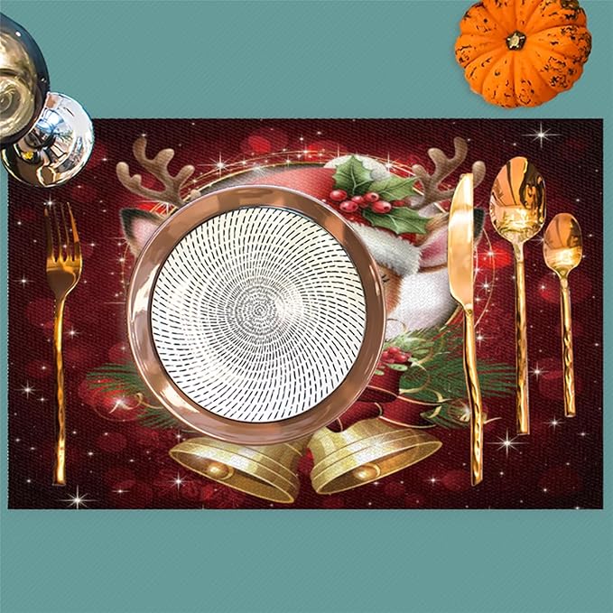 Christmas Xmas Bells Deer Placemats Set of 1 PVC Vinyl Non Slip Table Mats Heat Resistant Place Mats Washable Wipeable Dining Table Mat for Kitchen Decor Party Indoor Outdoor Decorative Gift