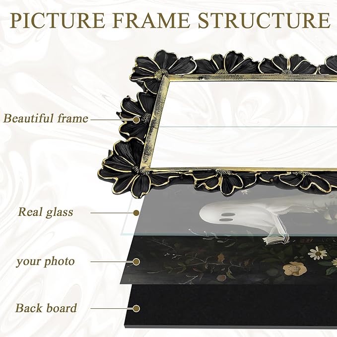 4x6 Vintage Flower Picture Frame, Ornate Antique Photo Frame with Glass Front, Elegant Picture Frame for for Wall or Tabletop Display, Gift ldeas for Home Decor (Black Gold)