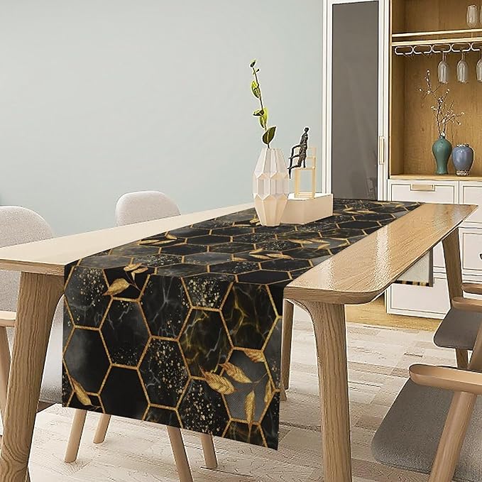 Black Grey Marble Table Runner Marble Hexagon Texture Golden Leaves Abstract Seasonal Dinner Runner Table Decoration for Farmhouse Home Kitchen Dining Holiday Party 13x90in