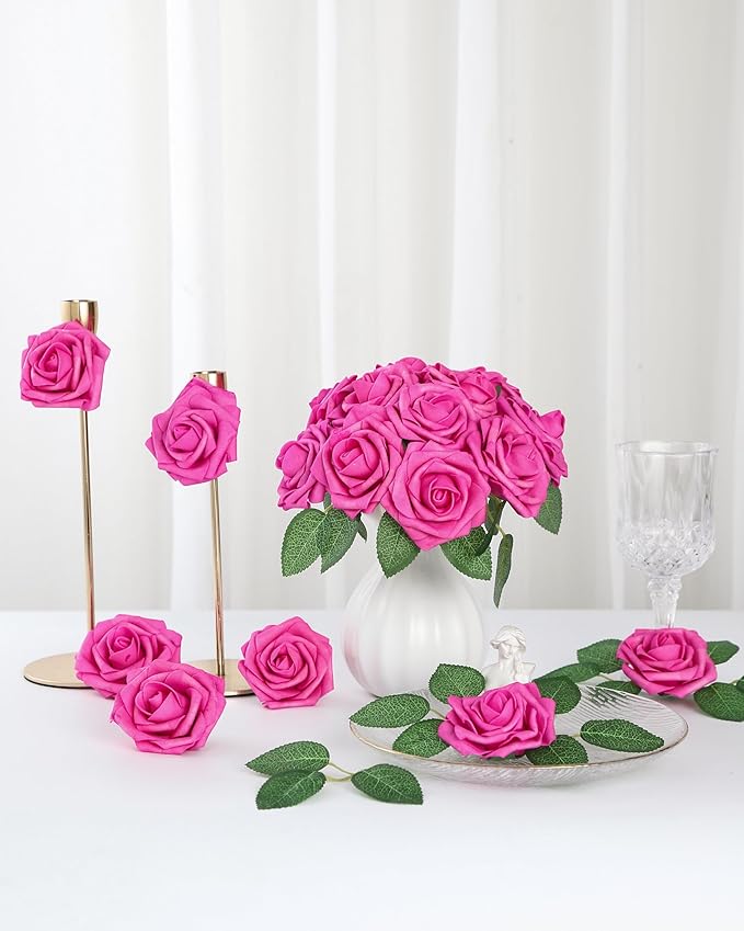 DuHouse 25Pcs Artificial Roses Flowers Fake Roses with Stems Real Touch Foam Flowers for DIY Wedding Bouquet Baby Shower Centerpiece Floral Arrangement Party Home Decor (Hot Pink)