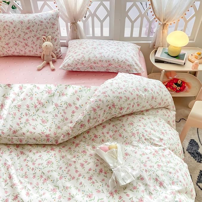 VM VOUGEMARKET Vintage Pink Floral Comforter Set Queen 3 Pieces Garden Flower Bedding Comforter for Teen Girls Reversible Cute Pink White Bedding Set