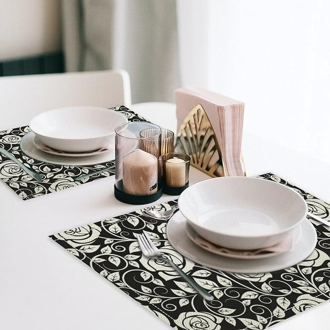 Retro Flowers Placemats Set of 4, 17x12 Inch Modern Aesthetic Black White Florals Leaves Art Print Table Mats for Home Party Kitchen Dining Decor