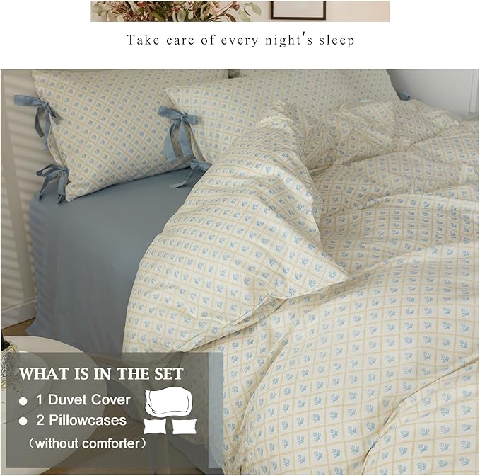 VM VOUGEMARKET Blue Flower Duvet Cover Queen with Plaid Grid Prints,100% Cotton Bedding Set,Aesthetic Comforter Cover for Girls Women 90x90 Inch