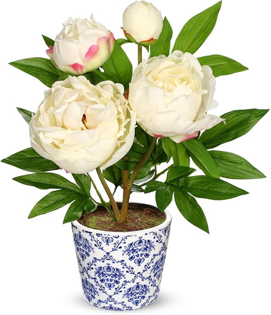 Briful Faux Peony Flowers in Blue and White Ceramic Pot 13.8" Realistic Silk Peonies Artificial Peony Floral Arrangement Fake Potted Flowers for Home Office Room Desk Shelf Decoration(White)