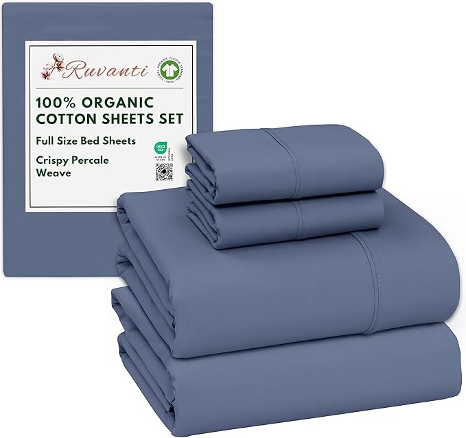 RUVANTI 100% Organic Cotton Sheets Full Size, Percale Weave, GOTS Certified, 4-Piece Set, Deep Pocket 15", Crisp & Breathable, Soft Durable Bedding, Sábanas Algodón Orgánico – Wild Wind