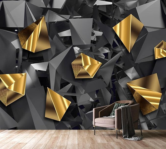 PYFFYP- 3D Grey and Gold Geometric Wallpaper Wall murals for Bedroom(Not Peel and Stick)