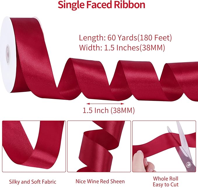 Wine Red Ribbon 1 1/2 inch 60 Yards Maroon Ribbon Burgundy Red Christmas Satin Ribbons for Flower Bouquet Gift Wrapping Crafts Wedding Christmas Decorations