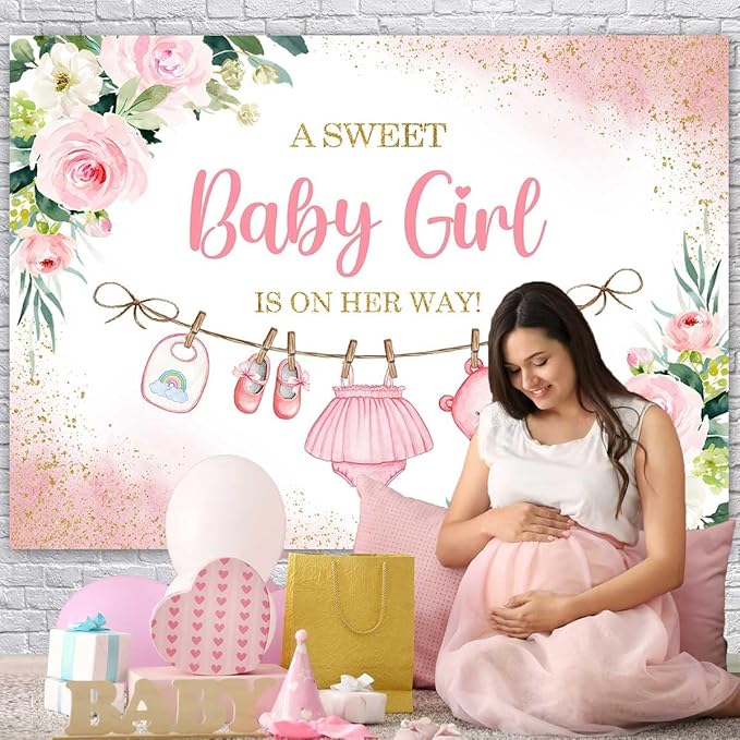Sensfun Cute Clothes Baby Shower Backdrop A Sweet Baby Girl is On Her Way Banner Watercolor Pink Floral Sweet Little Girl Baby Shower Party Decorations Banner Supplies Photo Booth Props 7x5ft