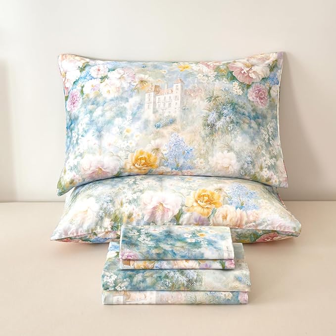 Zusbest King Size Sheets Luxury Floral Bed Sheet Set 100% Cotton, Satin Weave Soft Breathable for Hot Sleepers Romantic Peony Flowery Printed Cottagecore Bedding Deep Pocket 17.5‘’ Bed Set 4Pcs