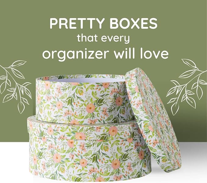 Soul & Lane Wild Flowers Oval Storage Boxes for Home Décor - Set of 2: Floral Gift Boxes with Lids for Presents, Decorative Photo Storage Cartons, Stackable Paperboard Containers for Organizing