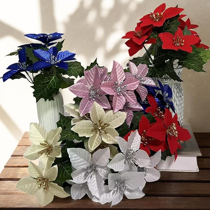 6 Pack Red Christmas Artificial Poinsettia Flowers Faux Poinsettia Bush Bouquets Silk Poinsettia Christmas Tree Ornaments Poinsettia Flower Arrangement for Home Decor