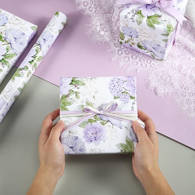 LeZakaa Floral Wrapping Paper Roll, Purple Peonies with Gold Foil Floral Outline Party Gift Wrap for Wedding, Bridal Shower, Anniversary, Mother's Day, Birthday, 17 inches x 16.4 Feet (23.2 sq.ft.)