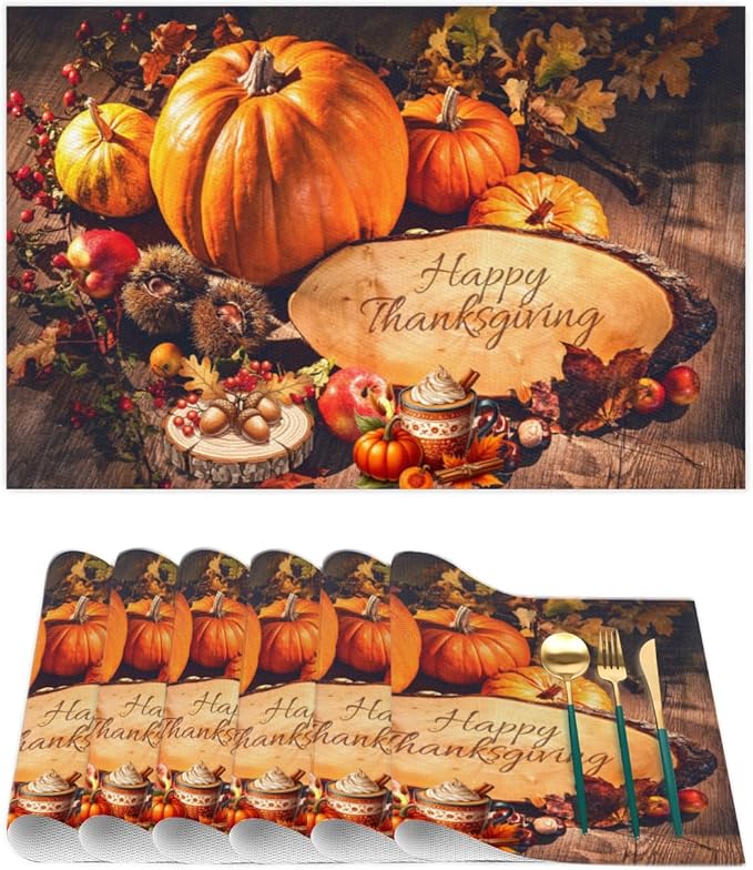 Thanksgiving Holiday Modern Pumpkins Placemats Set of 1 PVC Vinyl Non Slip Table Mats Heat Resistant Place Mats Washable Wipeable Dining Table Mat for Kitchen Party Indoor Outdoor Decorative Gift