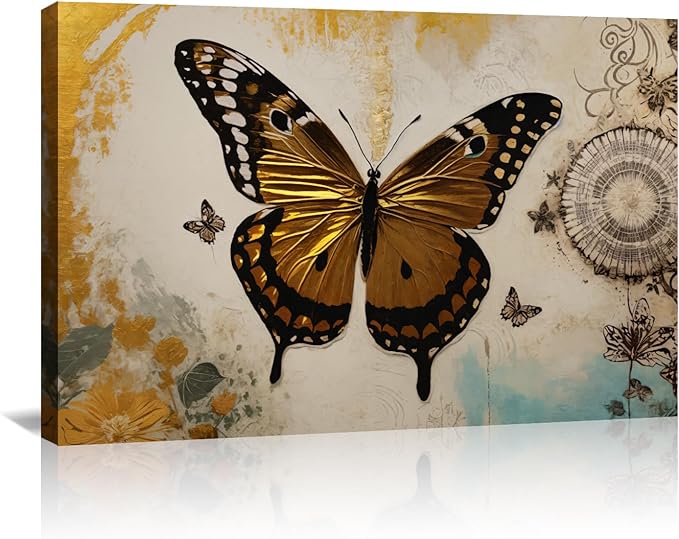 KPLUNDO Butterfly Wall Art Abstract Flower Picture Gray Gold Poster Vintage Painting Modern Artwork Home Decor for Living Room Bedroom Office Wall Decoration Ready to Hang(Art-3,20.00x30.00 inch)