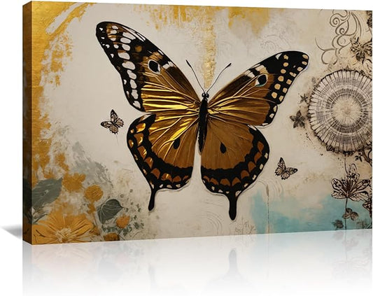 KPLUNDO Butterfly Wall Art Abstract Flower Picture Gray Gold Poster Vintage Painting Modern Artwork Home Decor for Living Room Bedroom Office Wall Decoration Ready to Hang(Art-3,20.00x30.00 inch)