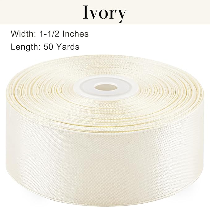 1-1/2 Inches 50 Yards Ivory Satin Ribbon, Solid Fabric Ribbon Roll for Flower Bouquets, Gift Wrapping, Wedding, Handmade Crafts