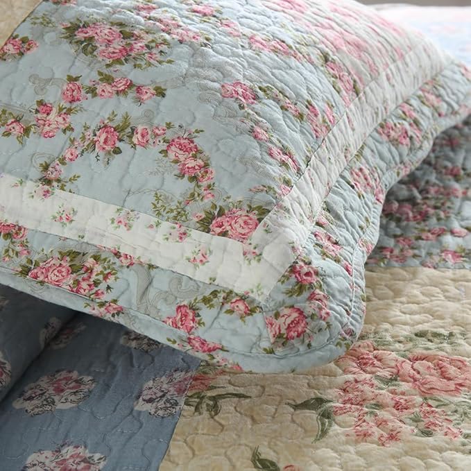 Cotton Bedspread Quilt Bedding Sets 3 Pieces Reversible Coverlet Sets Comforters Green Rose Floral Patchwork Bedspread, Queen Size