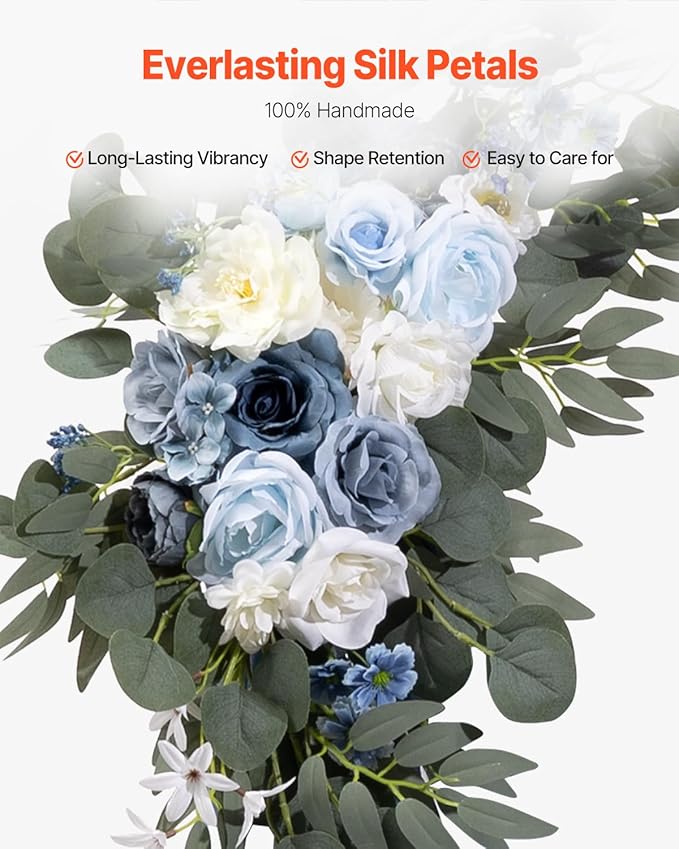 VEVOR Artificial Wedding Arch Flowers Kit, Blue Wedding Arch Flowers with Drapes Kit -2 Pcs Floral Arrangement, 2 Pcs Sheer Drapes, for Ceremony Bouquets Reception Backdrop Decoration（No Include Wood