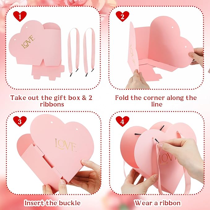 Kolldenn 12 Pcs Heart Shaped Flowers Boxes Christmas Bouquet Storage Bucket Valentine's Day Floral Boxes for Arrangements Paper Floral Bag with Handle Basket Handbag for Florist Bridal Shower(Pink)