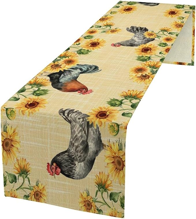 Rooster Sunflower Table Runner Vintage Farm Chicken Flower Dinner Runner for Country Farmhouse Home Kitchen Dinner Table Party Decoration 13x36in