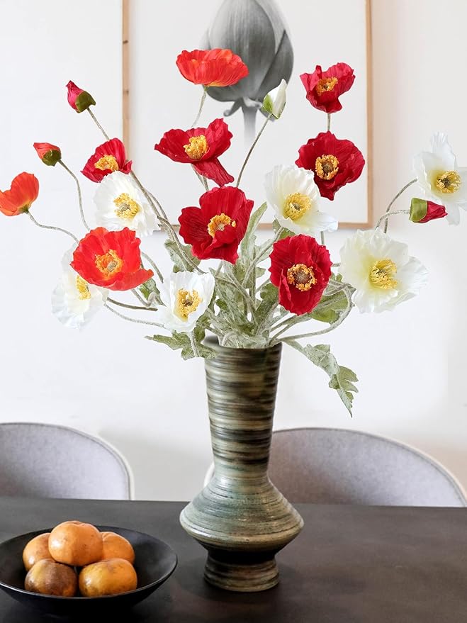 6PCS Dark Orange Poppy Flowers Artificial Silk Faux Poppies Bouquet with Long Stems for Outdoor Indoor Home Kitchen Halloween Fall Decor