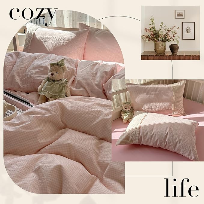LifeTB Pink Gingham Duvet Cover Queen Size 3 Pieces Romantic Lace Duvet Cover Pink Plaid Checkered Comforter Cover with 2 Pillowcases Soft Breathable Microfiber Grid Farmhouse Plaid Bedding Set