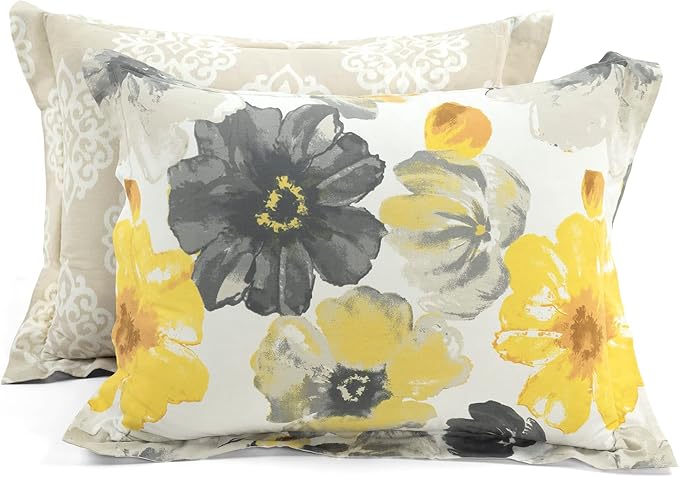 Lush Decor Leah Reversible 100% Cotton Duvet Cover Set, 3 Piece Set, Full/ Queen, Yellow & Gray - Queen Bedding Set - Yellow Duvet Cover - Country Floral Decor