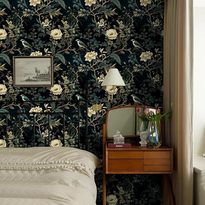 Dark Floral Peel and Stick Wallpaper Vintage Floral Contact Paper 16.9inchx196.8inch Flowers Bird Wallpaper Peel and Stick Boho Leaf Self Adhesive Removable for Bathroom Wall Paper Decor