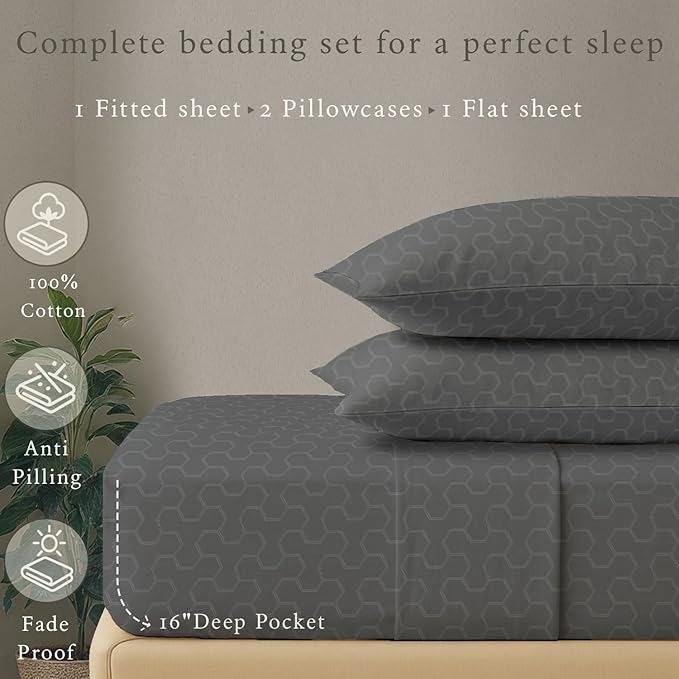 Threadmill 500 Thread Count Queen Size 4 Pc Luxury Cotton Bedding Sheets, Jacquard Floria Dark Grey, Silky Smooth Sheets with 16" Elasticized Deep Pocket, 2 Pillowcases & Free Tote Bag
