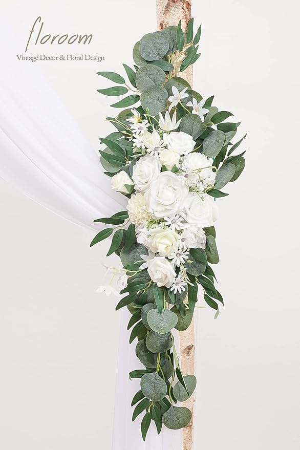 Floroom Arch Flowers with Drapes Kit (Pack of 4) - 2pcs Artificial Ivory & White Floral Swag Arrangement with 2pcs Draping Fabric for Wedding Ceremony Arbor and Reception Backdrop Decoration