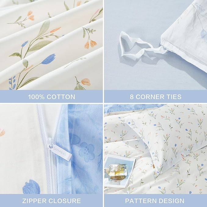SAPHREAS Blue Floral Duvet Cover Set 3pcs Queen Size Botanical Flower White Bedding Comforter Cover Set 100% Cotton 1 Duvet Cover 90"x90" 2 Pillow Shams, Comforter Not Included