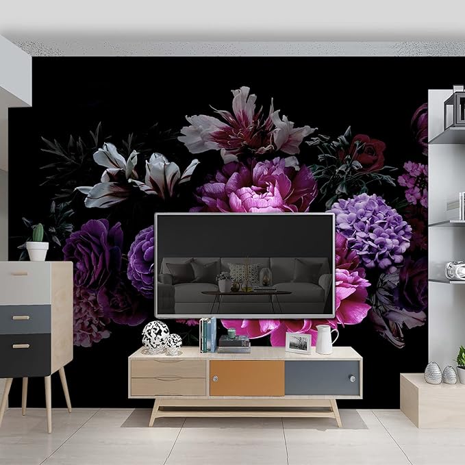 Black Peony Floral Wallpaper Bedroom Purple Botanical Flowers Leaf murals Living Room tv Background Large Wall Mural Aesthetic Room Decor - 160"x108" Not Peel and Stick