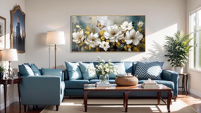 Wall Art Modern Flower Artwork Paintings White Blossom Gold Leaf Butterfly Landscape Picture wall Decor for Living Room Bedroom Kitchen 20"x40" with Framed