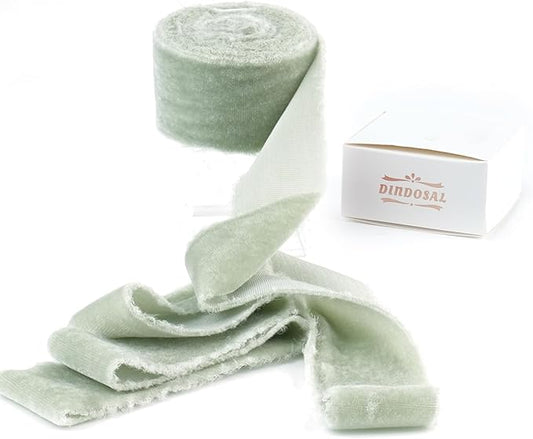 Sage Green Velvet Ribbon 1.5 inch Green Frayed Velvet Ribbon Dusty Green Raw Edge Ribbon for Wreaths, Christmas Thanksgiving Decor, Flower Bouquet, Gift Wrapping, Bows Making -3 Yards