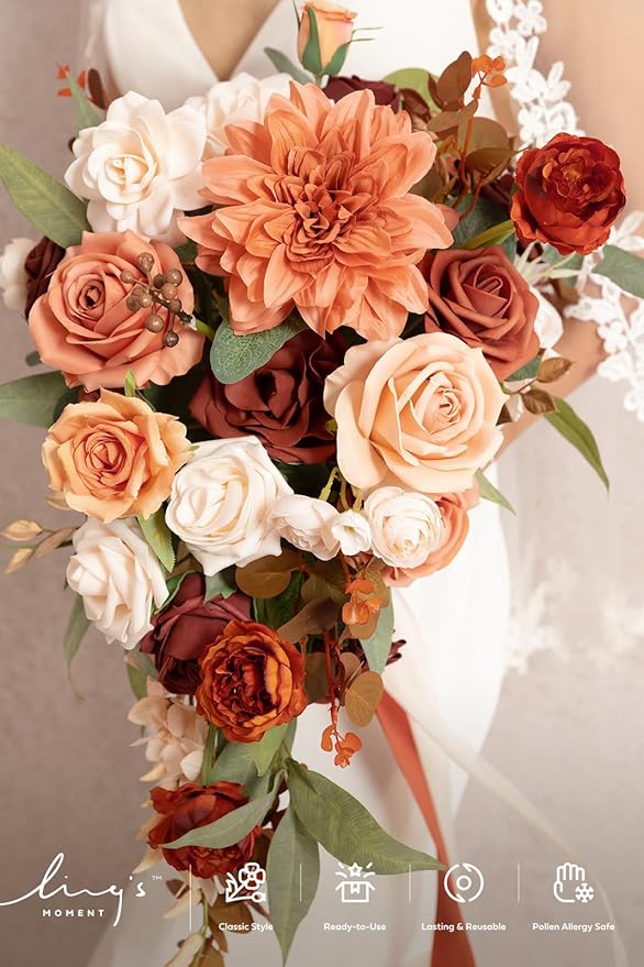 Ling's moment Terracotta Bridal Bouquet Cascading, Burnt Orange Wedding Bouquets for Bride, 13 Inch Bride Bouquets for Wedding Artificial Flowers Bouquets