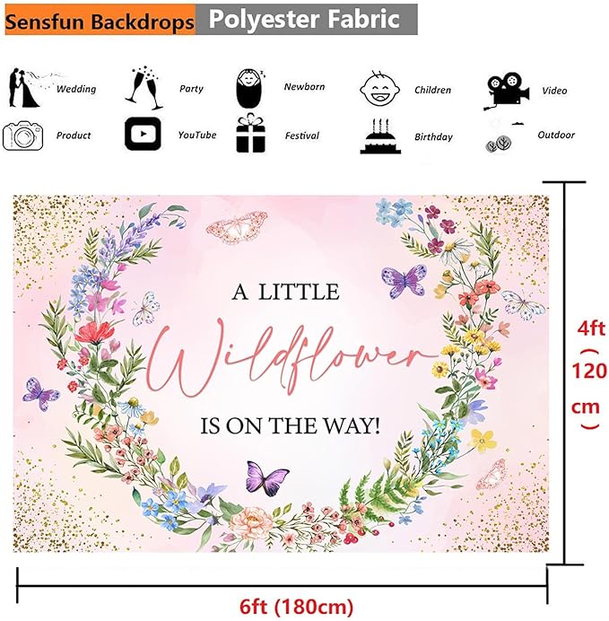 Sensfun Pink Floral A Little Wildflower is On Her Way Baby Shower Backdrop Banner Decorations Wild Flowers Theme Backdrops Background for Girls Baby in Bloom Baby Shower Party Decor Photo Props 6X4ft