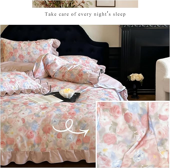 HighBuy Luxury Ruffled Duvet Cover King with Pink Floral Ruffle Edge,Soft Brushed Cotton Floral Bedding Set for Women Girls,Chic Farmhouse Comforter Cover Set,1 Duvet Cover and 2 Ruffle Pillowcase